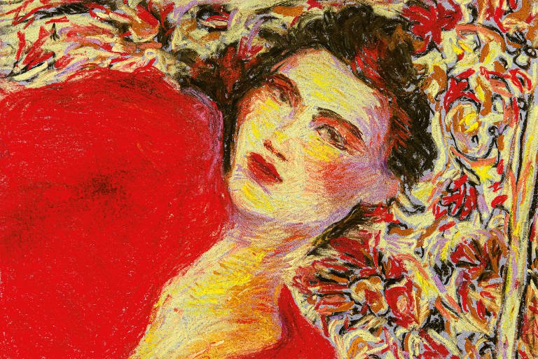 pintura de mulher deitada de vestido vermelho