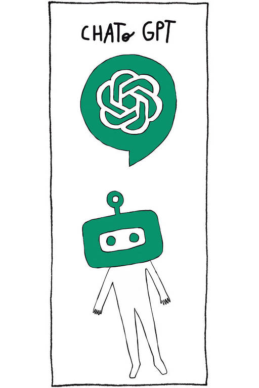 No desenho da Luiza Pannunzio, um homem robô com uma antena na cabeça verde abre um balão de diálogo solitário onde dentro tem apenas o logotipo do Chat GPT. Acima dele está escrito CHAToGPT.