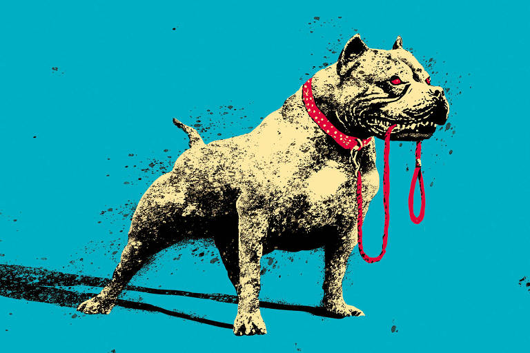A ilustração de Adams Carvalho, publicada na Folha de São Paulo no dia 25 de Março de 2023, mostra o desenho de um cachorro pitbull carregando a própria coleira com a boca