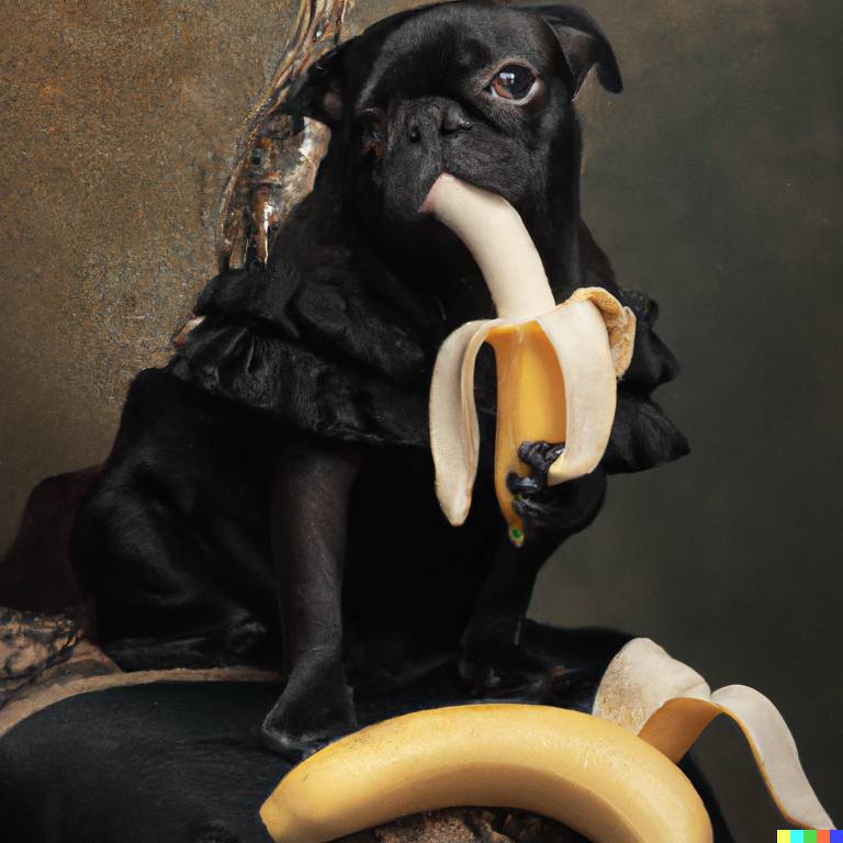 Desenho de cachorro pug preto que segura uma banana com uma pata e a morde. Um dos olhos do cachorro está um pouco distorcido. O estilo é de uma pintura renascentista. Uma outra banana é vista em frente ao cão.