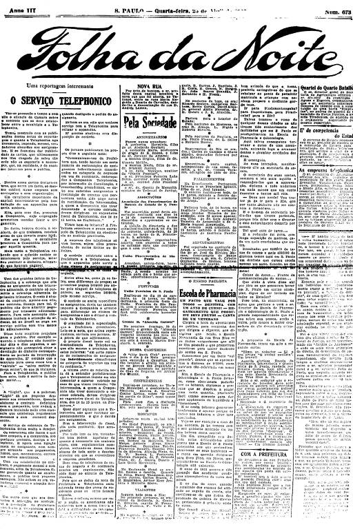 Primeira Página da Folha da Noite de 25 de abril de 1923