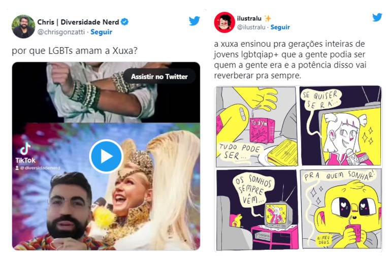 Montagem mostra publicações feitas no Twitter sobre o impacto da Xuxa na infância de pessoas LGBTQIA+
