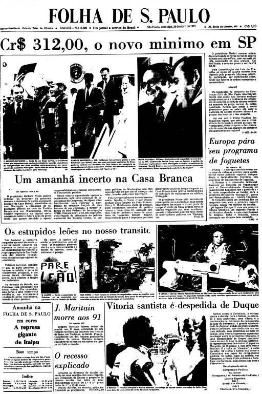 Primeira Página da Folha de 29 de abril de 1973