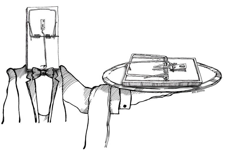 A ilustração de Ariel Severino, em bico de pena preto sob superfície branca, mostra um garçom de smoking e gravata borboleta. No lugar da cabeça, há uma ratoeira de madeira. Com o braço esquerdo estendido oferece, numa bandeja, uma outra ratoeira ainda maior.