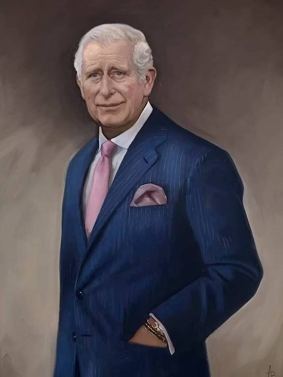 pintura de homem branco de cabelos brancos de terno azul e gravata rosa com uma das mãos no bolso 