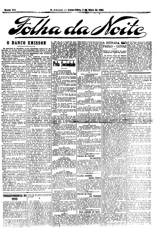 Primeira Página da Folha da Noite de 1º de maio de 1923