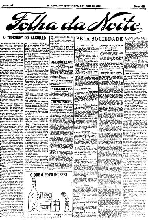 Primeira Página da Folha da Noite de 3 de maio de 1923