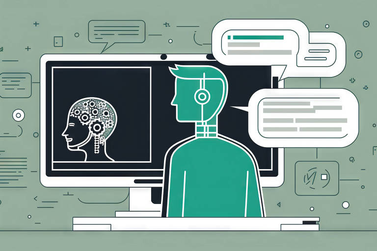 Ilustração em vetor de um homem de perfil em frente ao computador. Na tela, imagem de uma cabeça com um cérebro artificial. Balões de fala saem do computador e do homem.