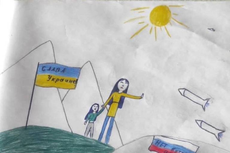 Desenho de Macha mostra mãe e filha diante de mísseis russos e bandeira com frase de apoio à Ucrânia