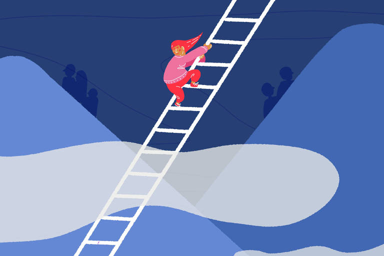 Ilustração com fundo azul mostra duas escadas rolantes com silhuetas de famílias. Em primeiro plano, uma mulher de rosa e cabelos vermelhos sobe uma escada. Ela está sozinha e olha para baixo.