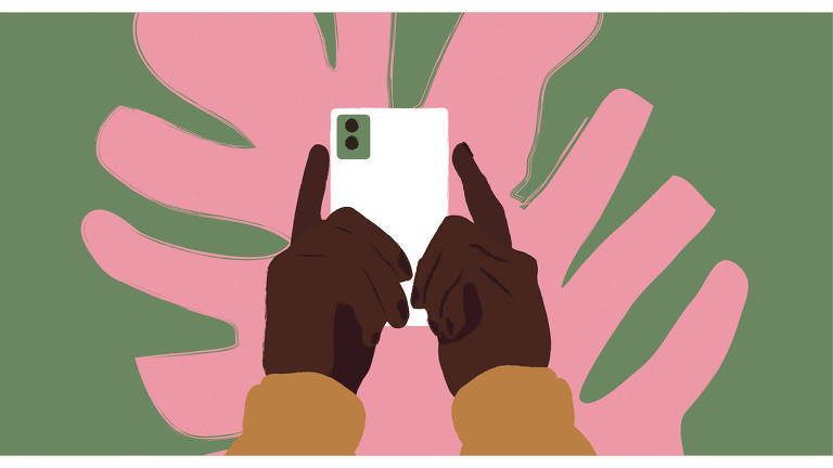 Na ilustração, de fundo verde claro, duas mãos negras aparecem segurando um celular.