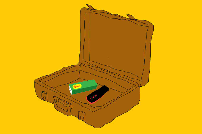 Sobre um fundo amarelo há uma mala aberta marrom com um drops de hortelã e um pen drive.
