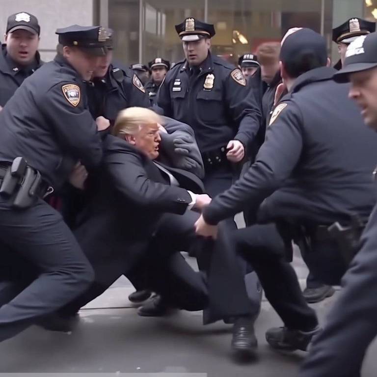 Trump, um homem branco idoso vestido de terno, está cercado por cinco agentes da polícia.