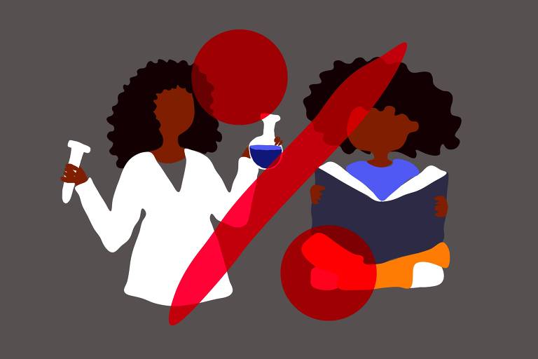 Fundo cinza com a ilustração de uma mulher negra de jaleco segurando um tubo de ensaio e um frasco, ao seu lado uma menina negra sentada lê um livro, no centro da imagem há um símbolo de divisão vermelho translúcido cobrindo as duas pessoas.