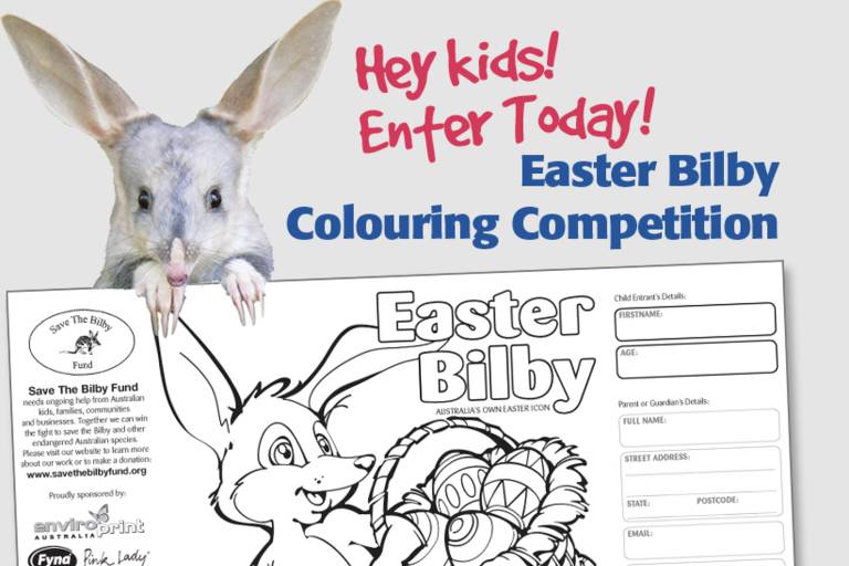 Convite para competição de colorir promovido pela Save the Bilby Fund, organização dedicada à preservação do marsupial que, na Austrália e na Nova Zelândia, equivale ao coelhinho da páscoa