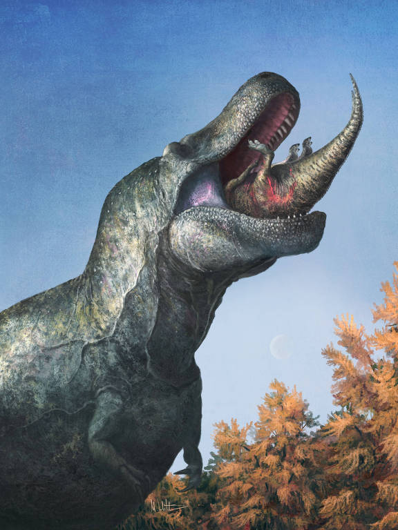Ilustração de T. rex, com lábios, engolindo Edmontosaurus 