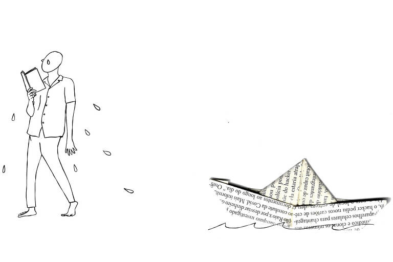 No desenho de Luiza Pannunzio um homem vestindo camisa de manga curta e calça, segura um livro aberto com a mão direita enquanto lê e chora tentando equilibrar-se de pé num pequeno barco feito de papel.