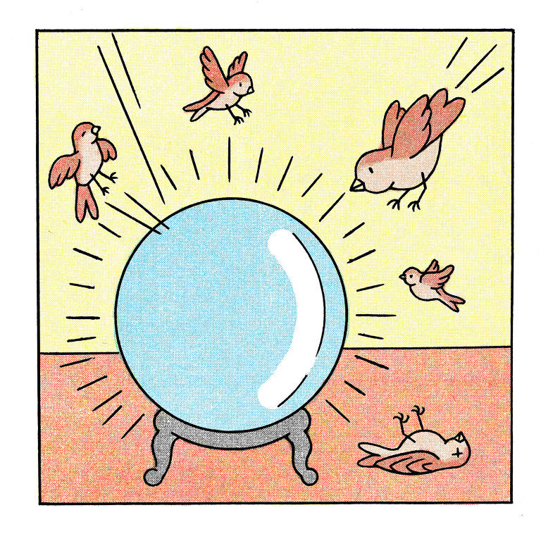 Desenho mostra cinco passarinhos voando em direção a uma bola de cristal e batendo no vidro