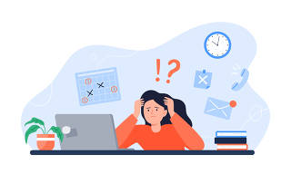 Exhausted woman sitting at her workplace with a computer. Freelancer is stressed through a lot of work. Emotional burnout concept. Long working day in the office. Vector colorful flat illustration.