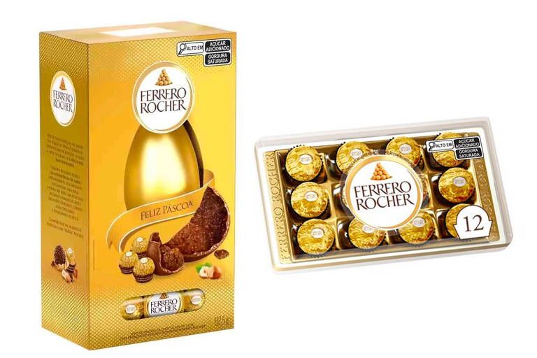 A foto mostra um ovo dourado em uma caixa com foto do chocolate e de bombons, e uma caixa de acrílico com 12 bombons variados