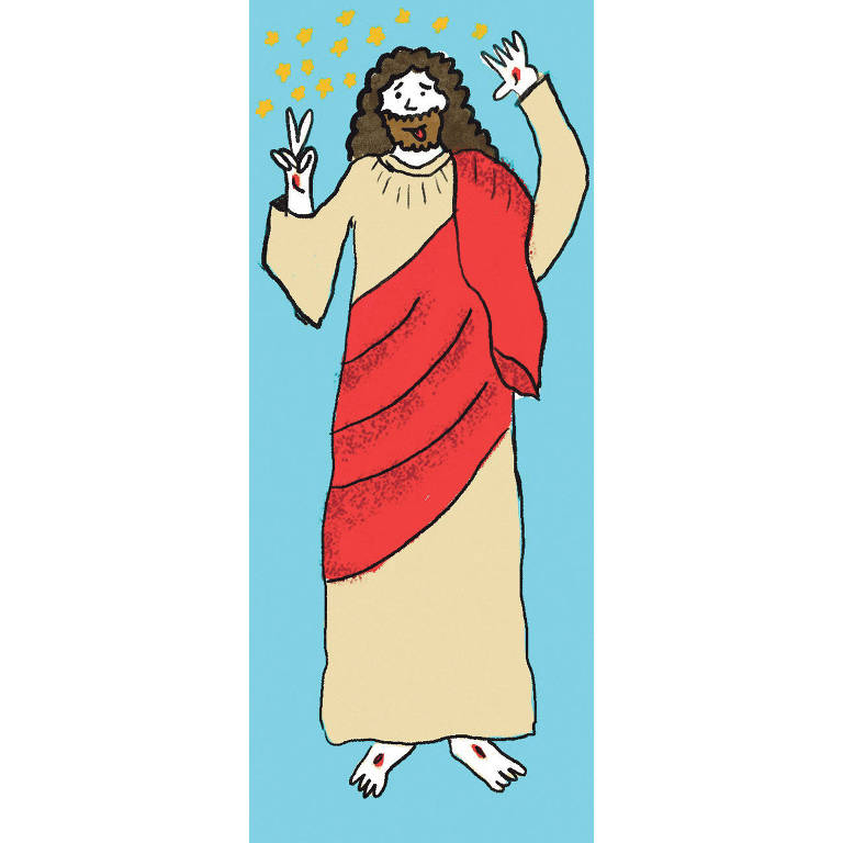 Desenho de um jesus estilizado fazendo simbolo da paz com o dedo.