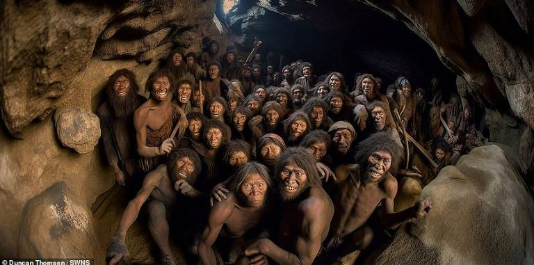 Imagem criada por inteligência artificial mostra grupo de neandertais, espécie do gênero Homo, que chegou a conviver com homens modernos, em uma simulação do que seria uma selfie atual.