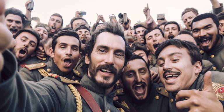 Imagem criada por inteligência artificial mostra o então presidente norte-americano Abraham Lincoln cercado de outros vencedores da Guerra de Secessão contra o exército confederado sulista. Lincoln veste farda, usa bigode e tem cabelos ralos, com entrada pronunciadas.