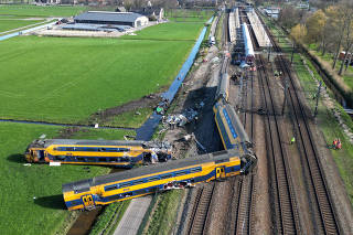 Aftermath of the derailment of a passenger train, in the Netherlands
