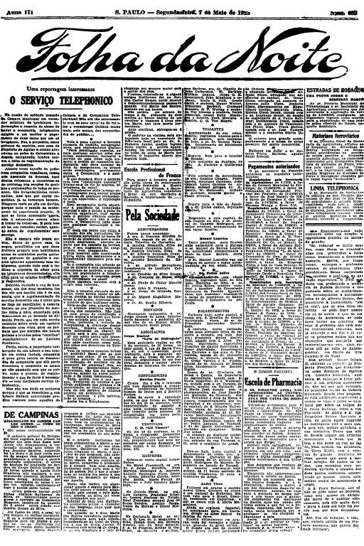 Primeira Página da Folha da Noite de 7 de maio de 1923