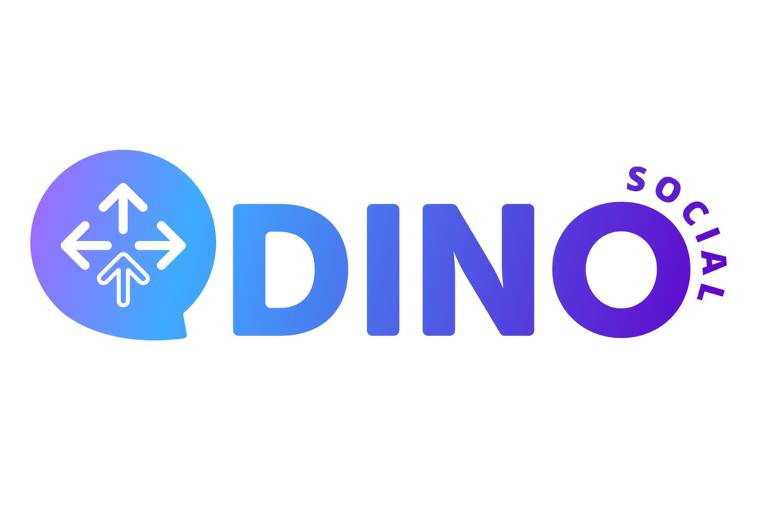 Logotipo tem tons de azul e roxo, com letreiro em que se lê "DINO" e, ao lado, um balão de diálogo com setas que vão para cima, para baixo, para a esquerda e para a direita 