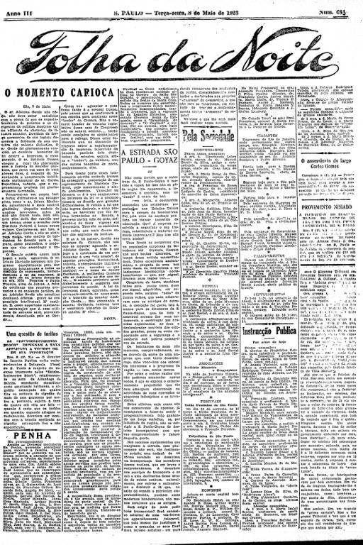 Primeira Página da Folha da Noite de 8 de maio de 1923