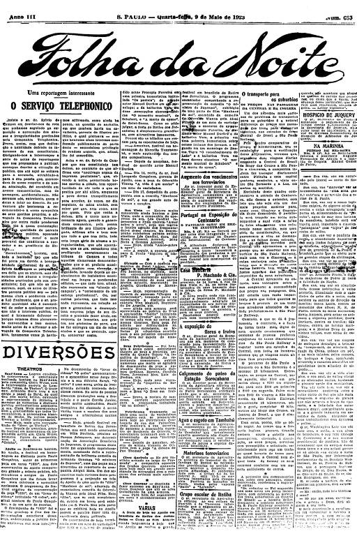 Primeira Página da Folha da Noite de 9 de maio de 1923