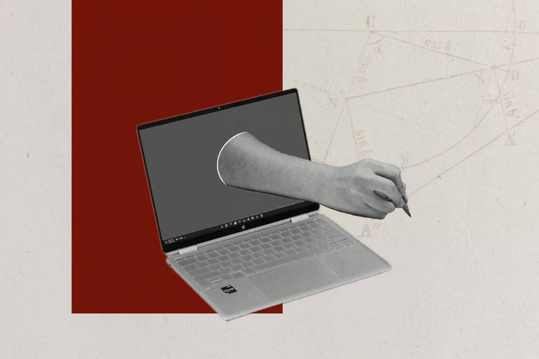 colagem de uma mão saindo de um computador segurando uma caneta, sobre fundo acinzentado e vermelho