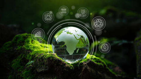Crystal globe putting on moss, ESG icon for Environment Social and Governance, World sustainable environment concept.