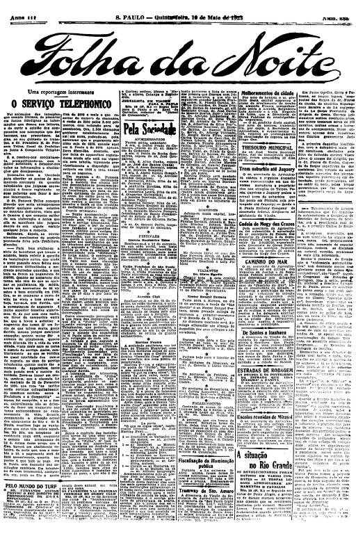 Primeira Página da Folha da Noite de 10 de maio de 1923