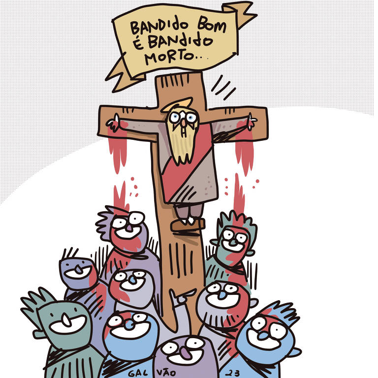 Na ilustração de Galvão Bertazzi vemos uma imagem de Jesus crucificado com uma placa onde se lê "BANDIDO BOM É BANDIDO MORTO" sobre a cruz. De suas mãos pregadas na cruz escorre sangue que cai sobre as cabeças de uma multidão que comemora à sua volta, celebrando sua crucificação e fazendo sinal de arminha com a mão.