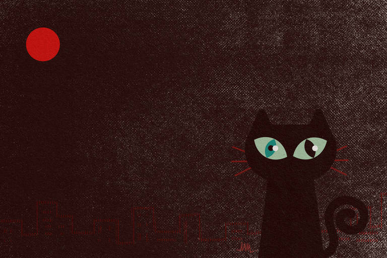 Na ilustração de Marcelo Martinez: um gato se mistura à escuridão da noite, ficando praticamente invisível. Se destacam apenas seus grandes olhos, de cores diferentes entre si.