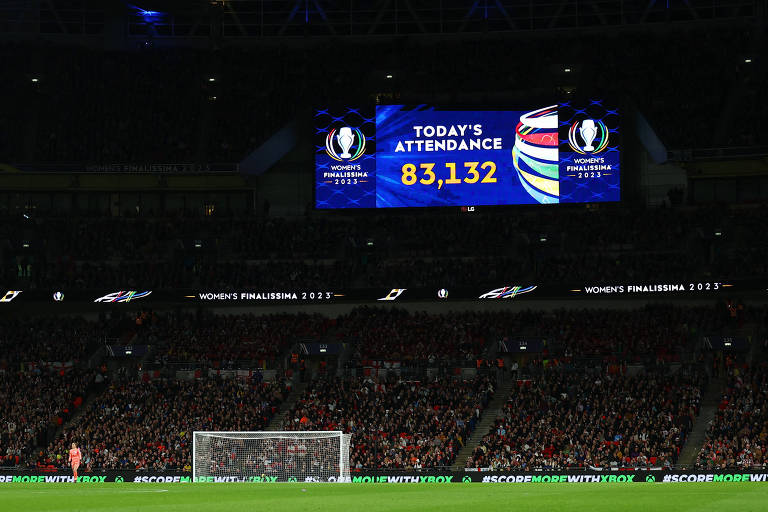 Placar eletrônico em Wembley mostra o público total para a final entre Inglaterra e Brasil