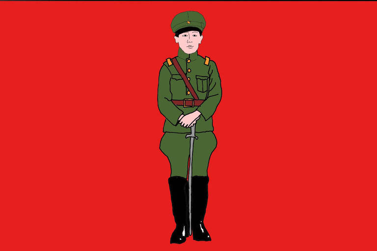 Ilustração mostra homem de feições orientais em farda militar verde-oliva, com chapéu da mesma cor e botas de cano longo pretas; o fundo da ilustração é vermelho vivo