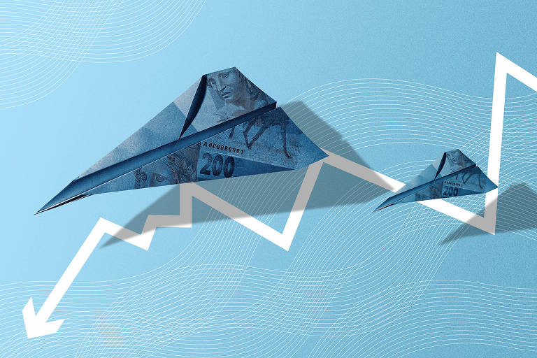 Ilustração em fundo azul mostra um gráfico em queda e aviõezinhos de papel feitos de dinheiro voando sobre ele. 