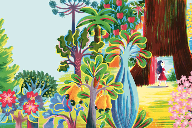 ilustração de floresta multicolorida com menina entrando em porta em árvore