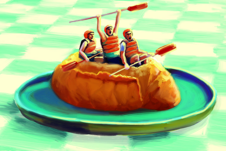 A ilustração de Adams Carvalho, publicada na Folha de São Paulo no dia 09 de Abril de 2023, mostra o desenho de um grupo de pessoas utilizando remos e capacetes dentro de um pão francês sobre um prato, simulando estarem fazendo rafting