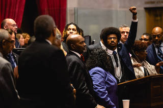 State Rep. Justin Pearson after the vote to expel him passed in Nashville, Tenn. on Thursday, April 6, 2023. (Jon Cherry/The New York Times)