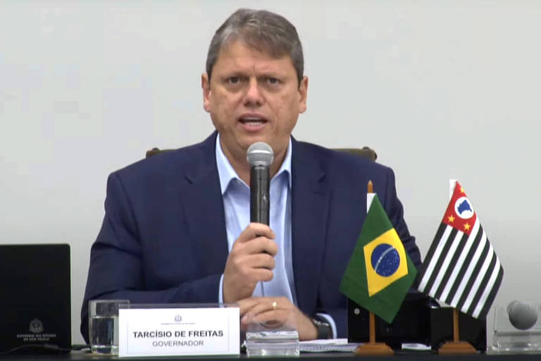 Tarcísio fala ao microfone. Na mesa estão as bandeiras do estado de São Paulo e do Brasil