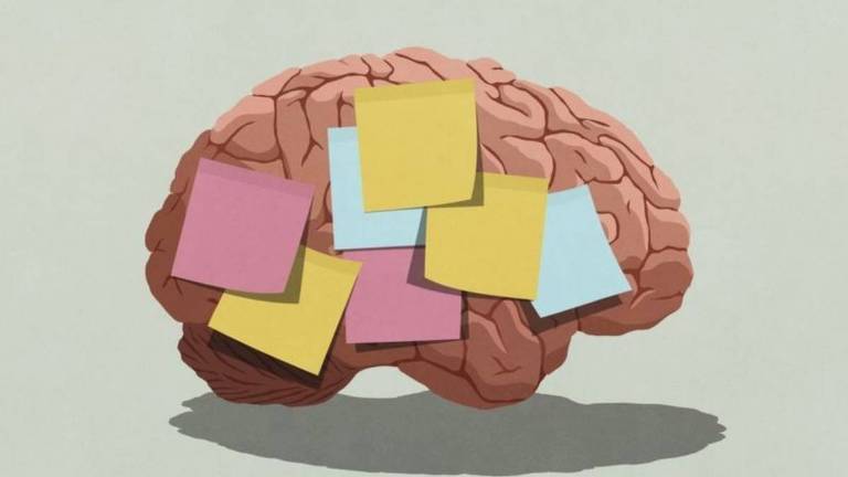 Ilustração de um cérebro com papéis de recado grudados sobre ele