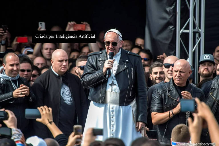 Imagem feita por inteligência artificial mostra o papa Francisco vestindo uma jaqueta preta e óculos escuros por cima de sua túnica branca. Ele segura um microfone com a mão direita e está no meio de uma multidão