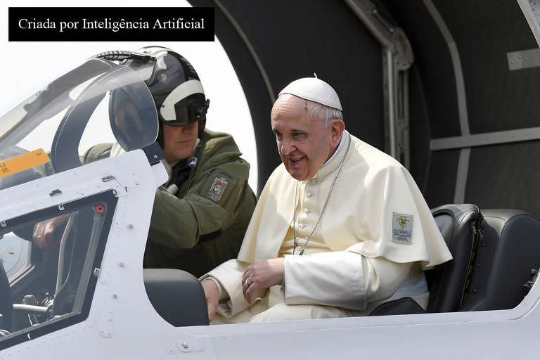 Imagem feita por inteligência artificial mostra o papa Francisco dentro de avião de caça ao lado de membro do exército