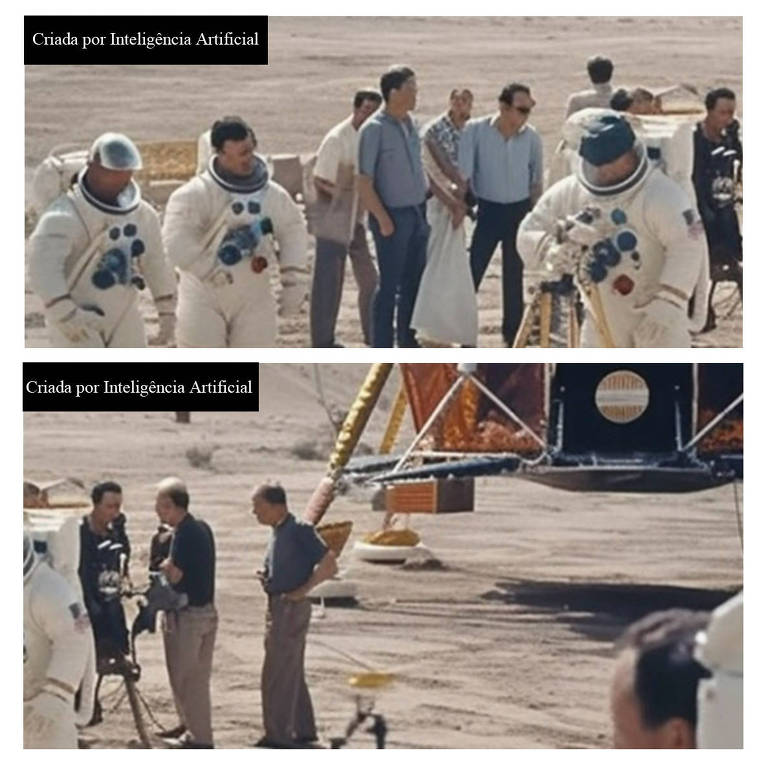 Imagem gerada por inteligência artificial mostra três astronautas com uniforme espacial, um deles sem capacete, junto a pessoas com roupas comuns e sem equipamento de exploração espacial, num cenário que parece ser a Lua. A imagem foi feita para reforçar conspirações de que o pouso na Lua foi encenado. 
Algumas pistas de que esta não é uma foto real: Os rostos dos “astronautas” são indistintos, assim como outros detalhes. O módulo de pouso difere do Eagle que pousou em 1969
