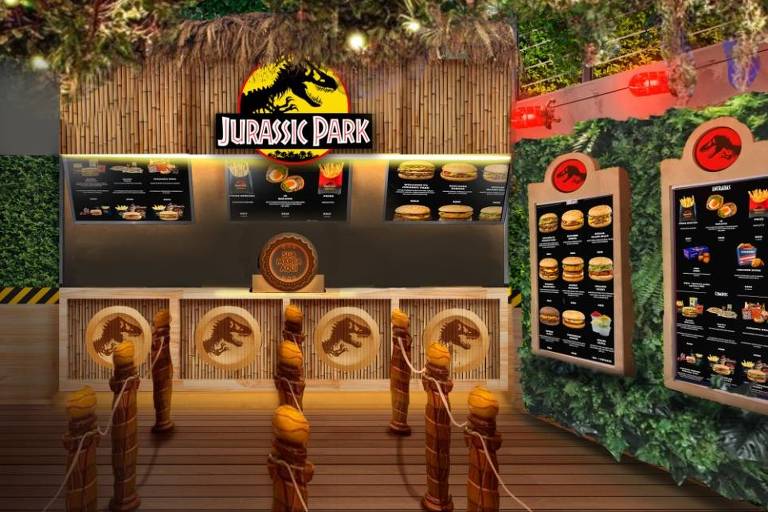 Projeção digital de como ficará o novo restaurante Jurassic Park Burger