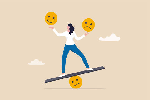 Emotional intelligence, balance emotion control feeling between work stressed or sadness and happy lifestyle concept, mindful calm woman using her hand to balance smile and sad face.
Foto:Nuthawut / Stock Adobe